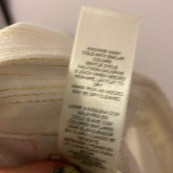 Chico’s Cream with Metallic Gold Stripe Cold Shoulder Long Sleeve Button Blouse - Picture 6 of 16